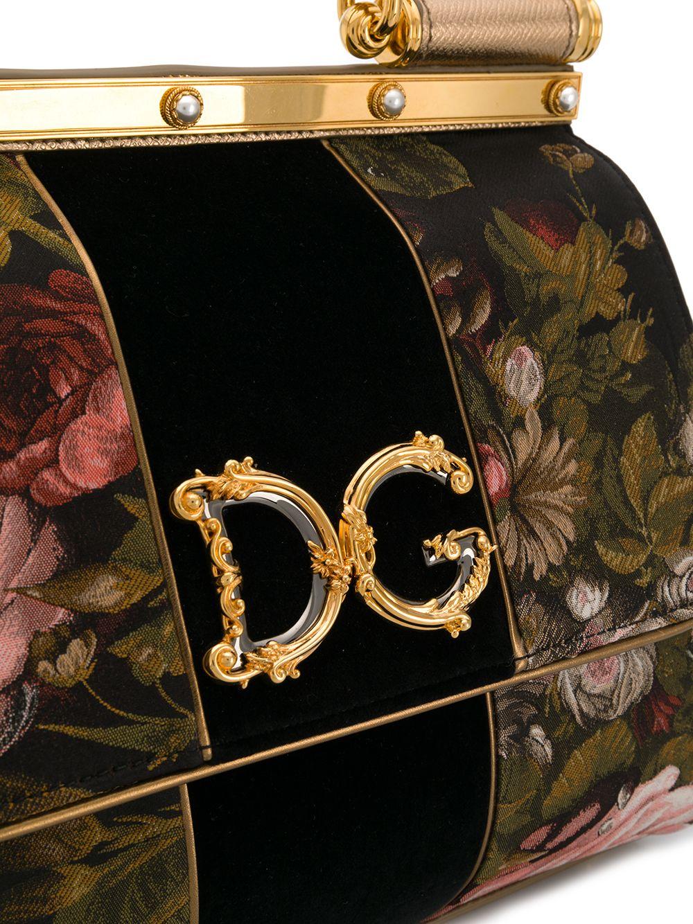 Dolce & Gabbana Leather Small Floral Brocade Sicily Bag in Black 