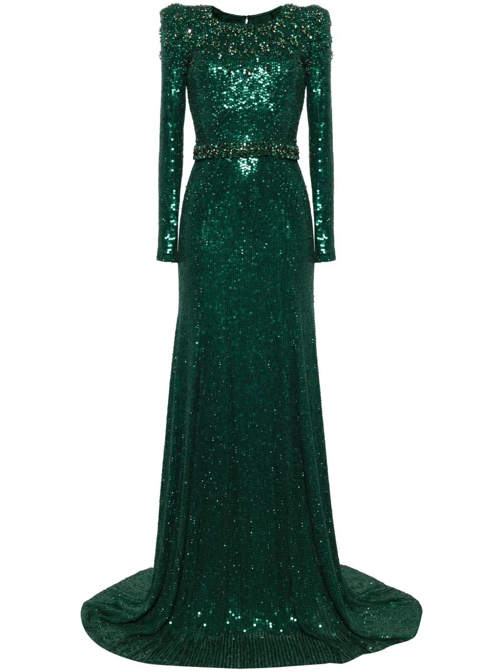Jenny Packham Georgia Sequined Long-Sleeve Gown in Green | Lyst
