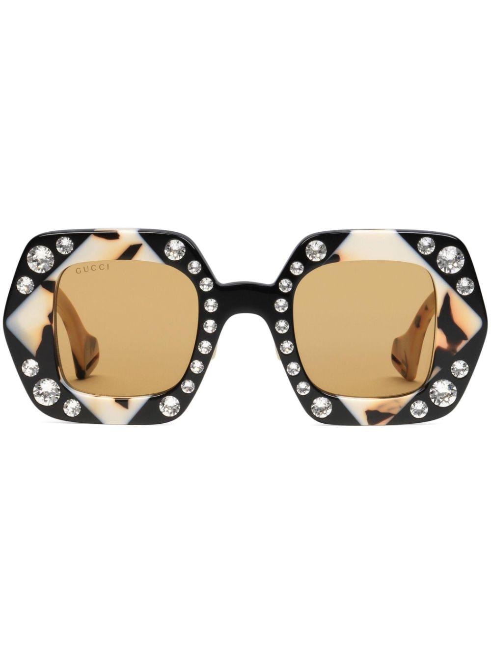 Gucci Crystal-embellished Rectangle-frame Sunglasses in Black | Lyst