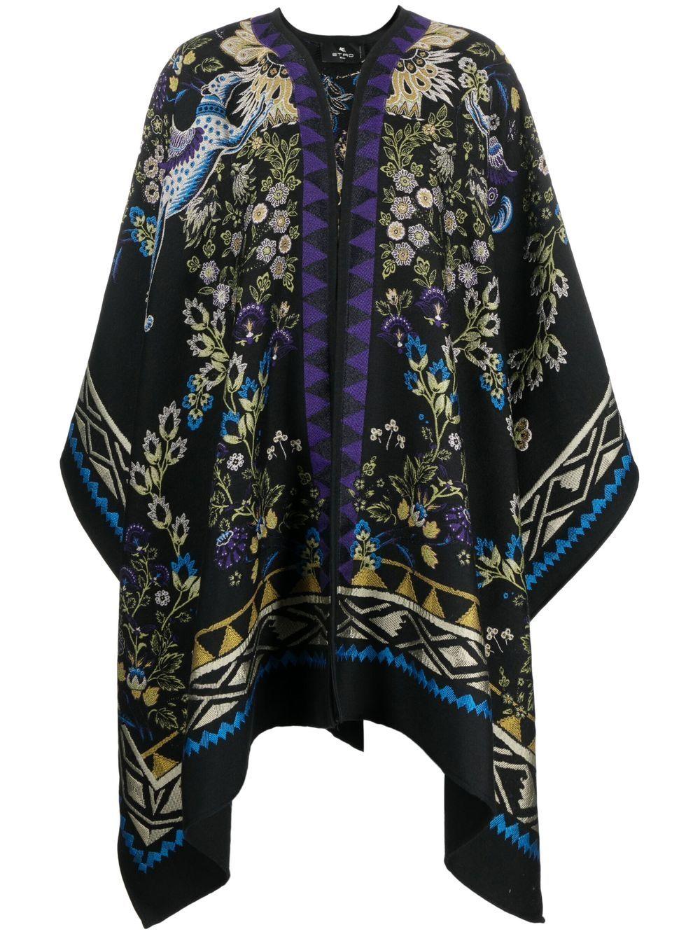 Etro Wool Floral Embroidery Cape in Black | Lyst UK