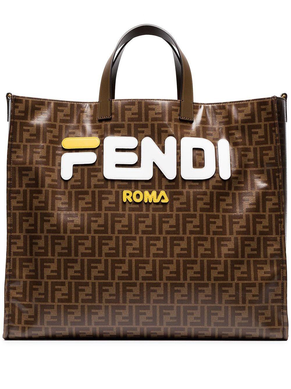 Fendi Leather Mania Brown And White Large Logo Print Tote Bag | Lyst Canada