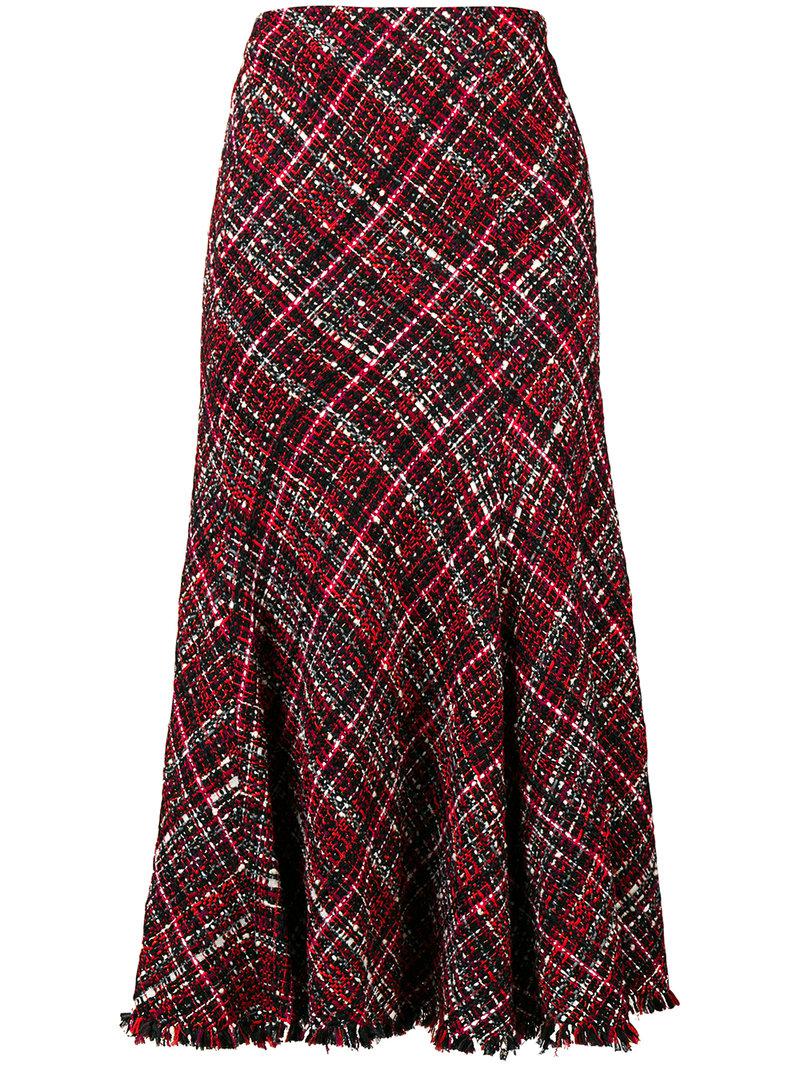McQueen Frayed Tweed Midi Skirt in Red | Lyst