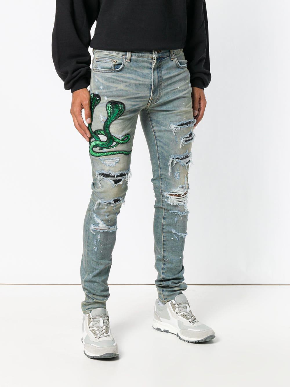 Amiri Denim Snake Appliqué Paint Splatter Ripped Skinny Jeans in Blue for  Men | Lyst