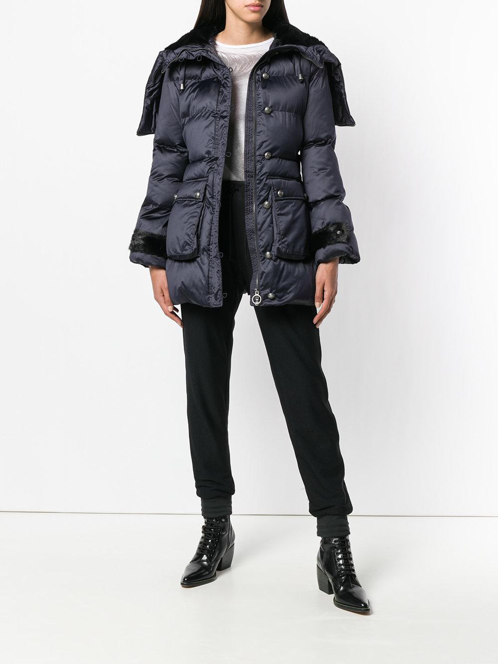 Pinko Fur Belted Padded Jacket in Blue - Lyst