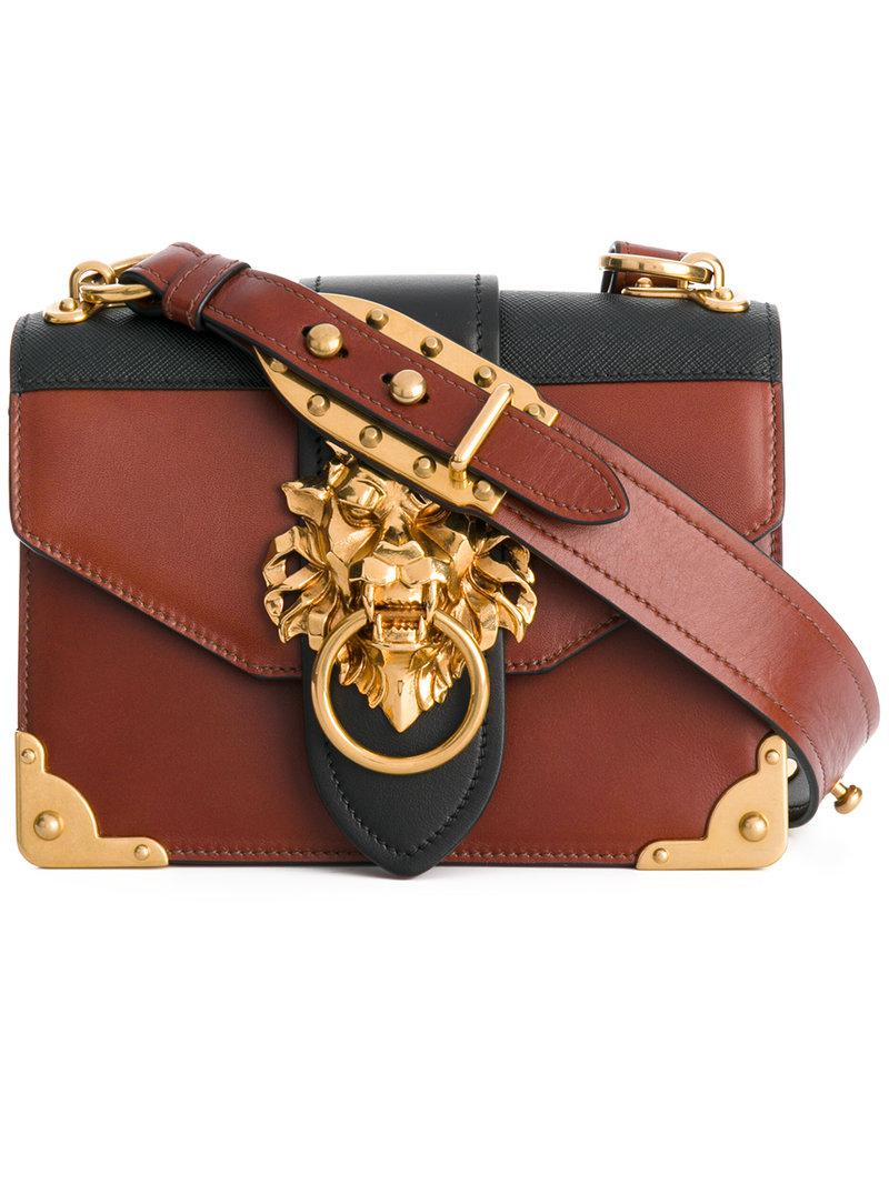Prada Leather Cahier Lion-embellished Shoulder Bag in Brown - Lyst