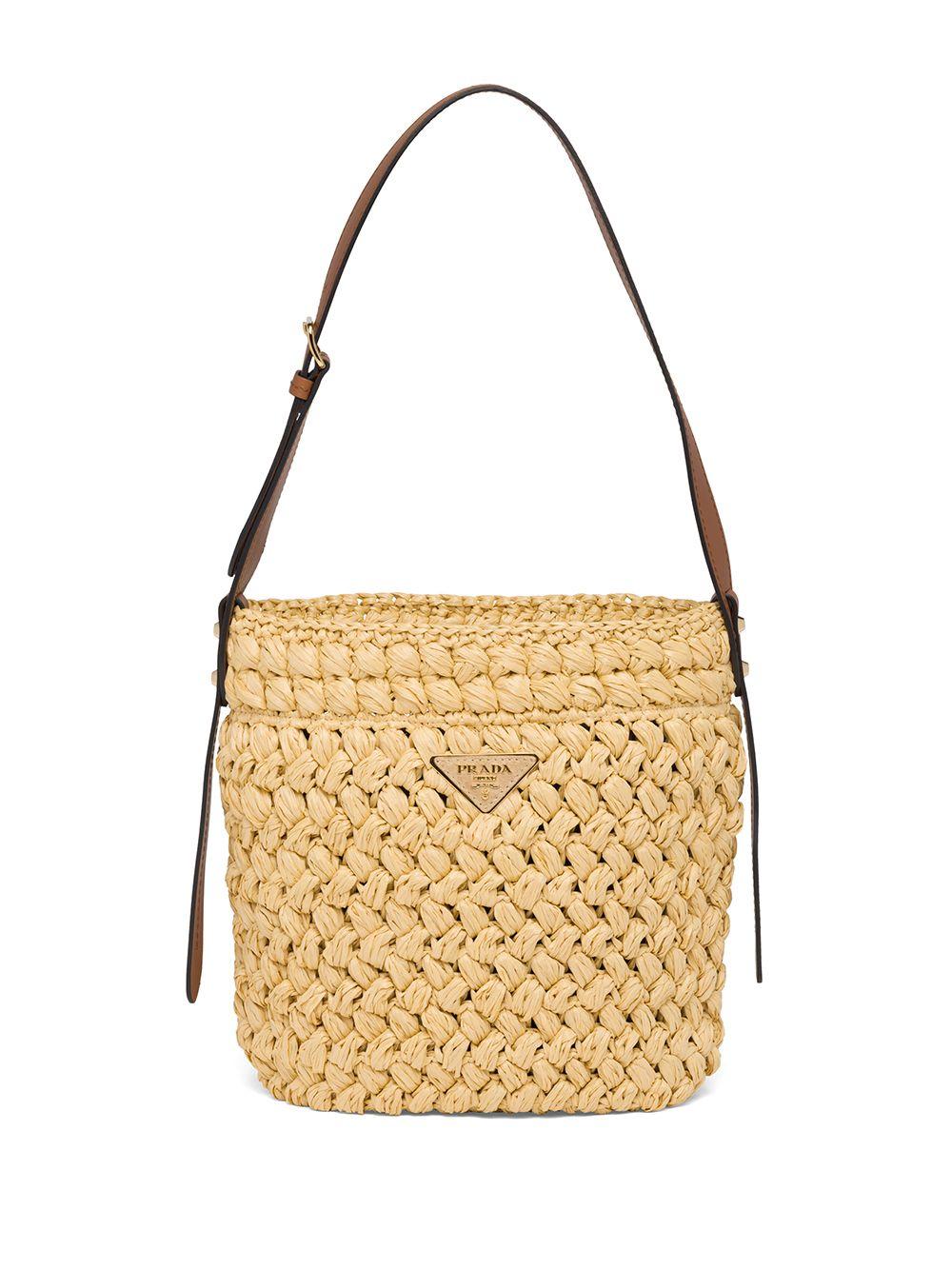 Prada Crocheted Raffia And Leather Bucket Bag | Lyst