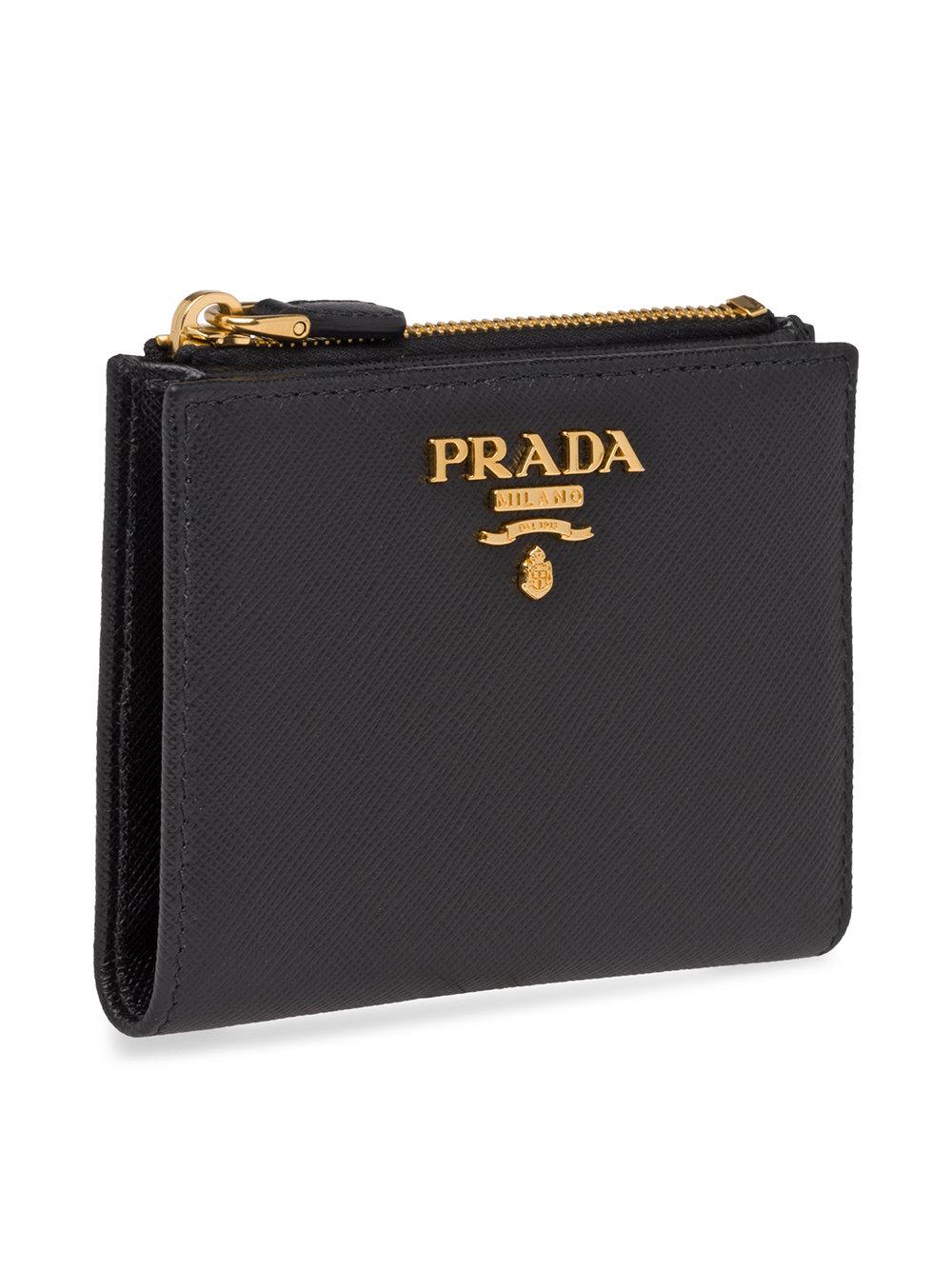 Prada Leather Compact Wallet in Black - Lyst