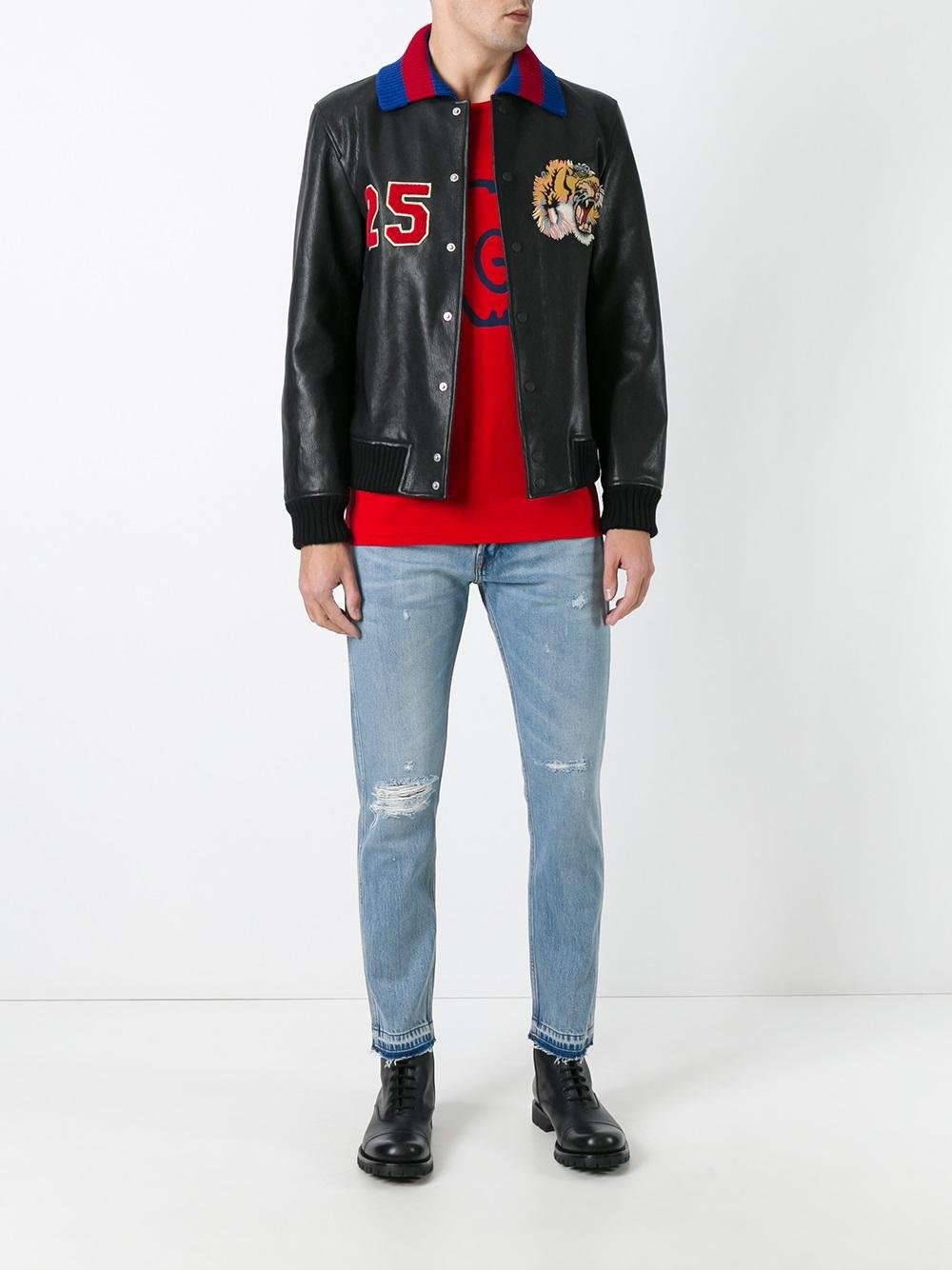 Gucci Leather Tiger Embroidered Bomber Jacket in Black for Men -