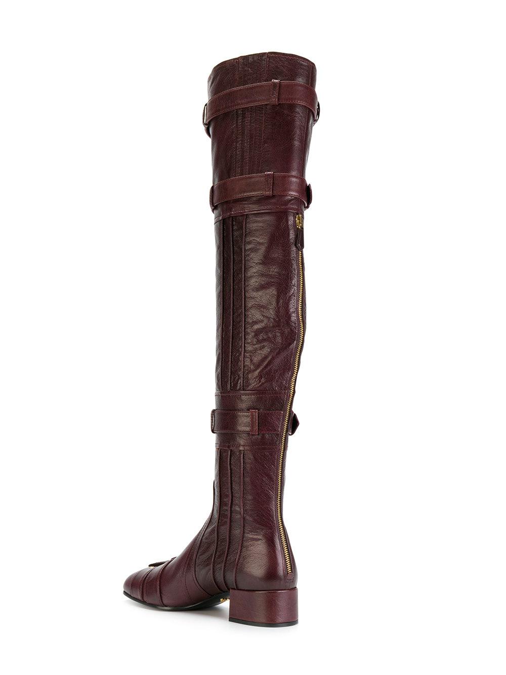Prada Leather Thigh-high Buckle Boots in Red - Lyst