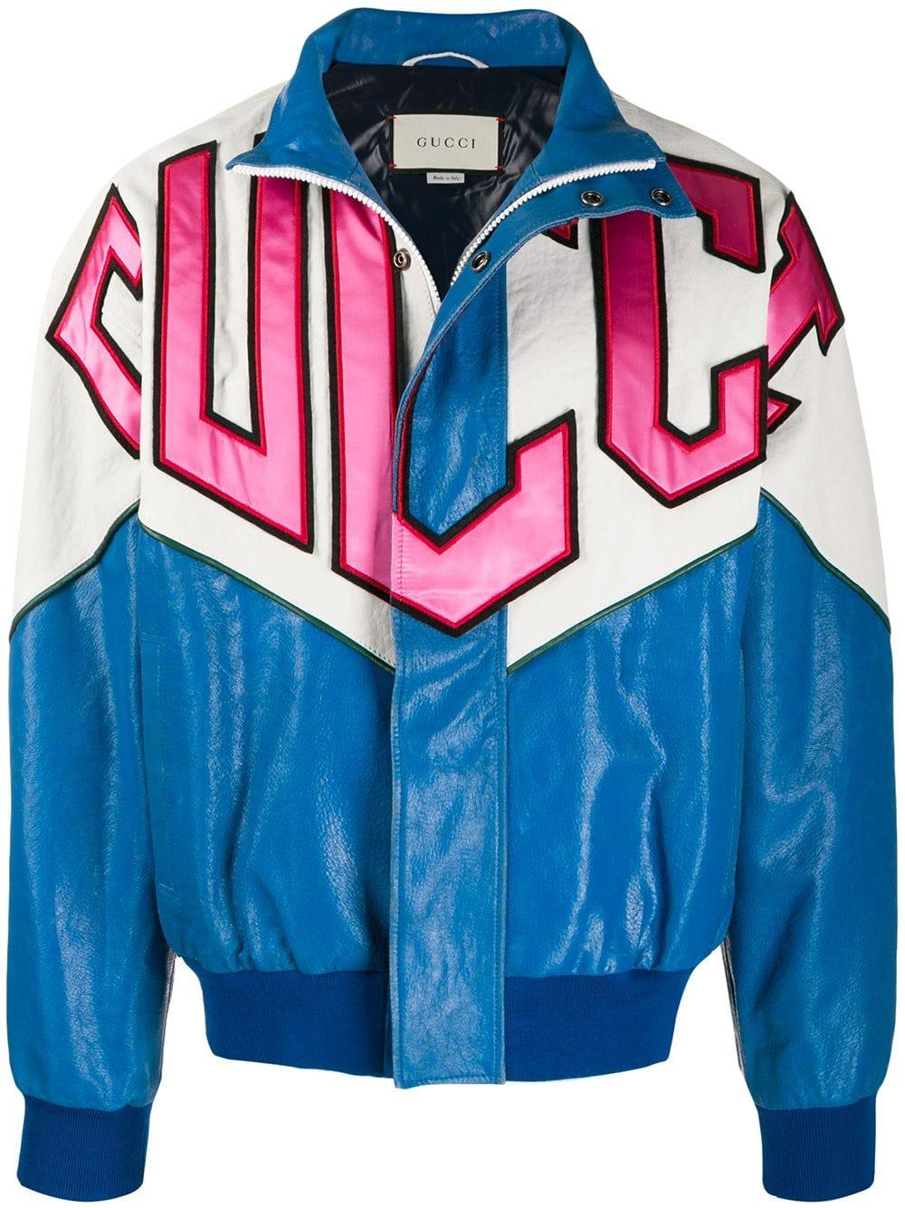 Gucci Logo Colorblocked Leather Bomber Jacket in Blue for Men | Lyst UK