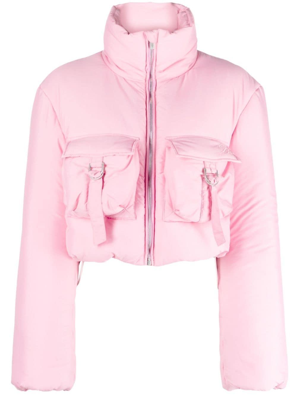 Pink puffer jacket cropped cheap