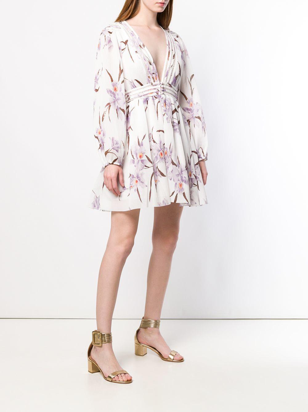 Zimmermann Corsage Plisse Orchid-print Mini Dress in White | Lyst