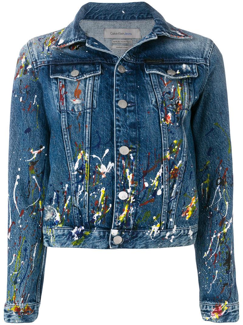 Veste en jean tache de peinture femme Outlet