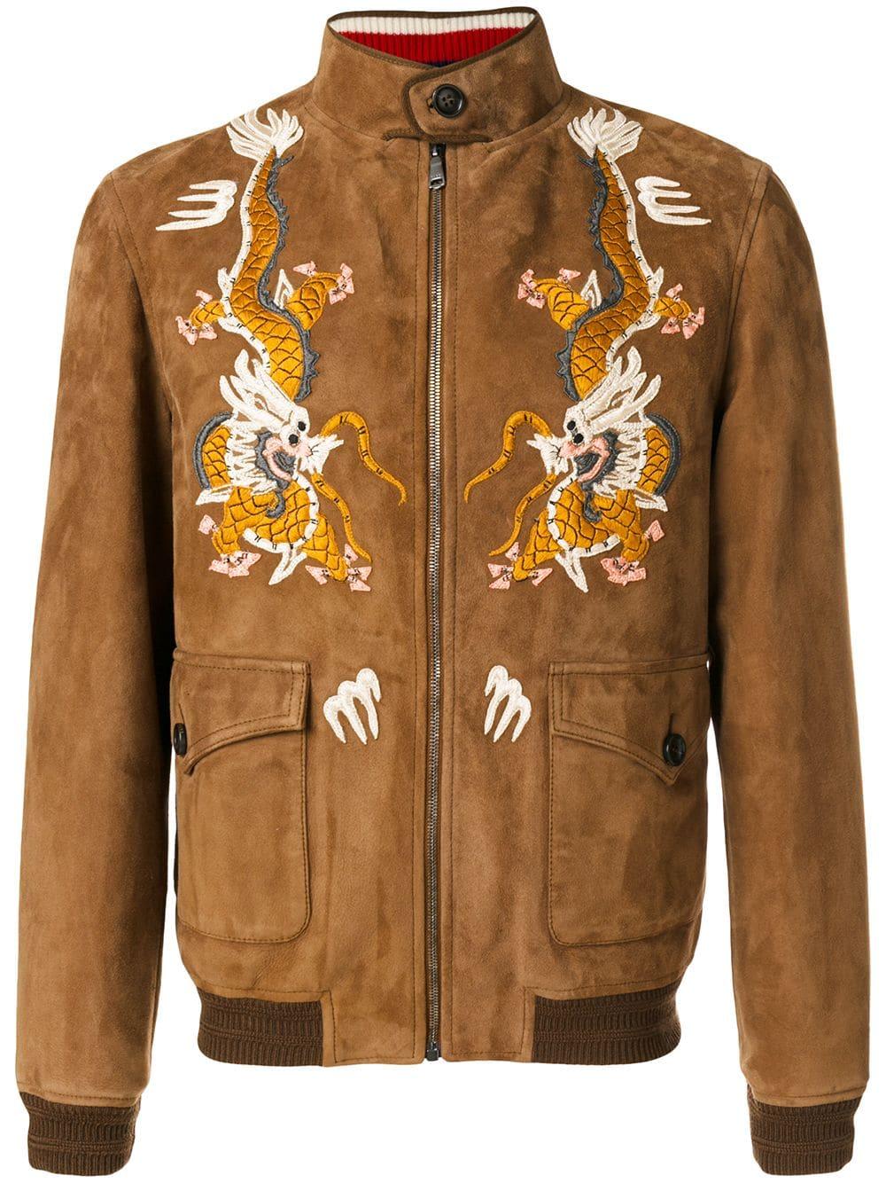 Gucci dragon embroidered jacket in brown for men  lyst Gucci dragon embroidered jacket in brown for men  lyst