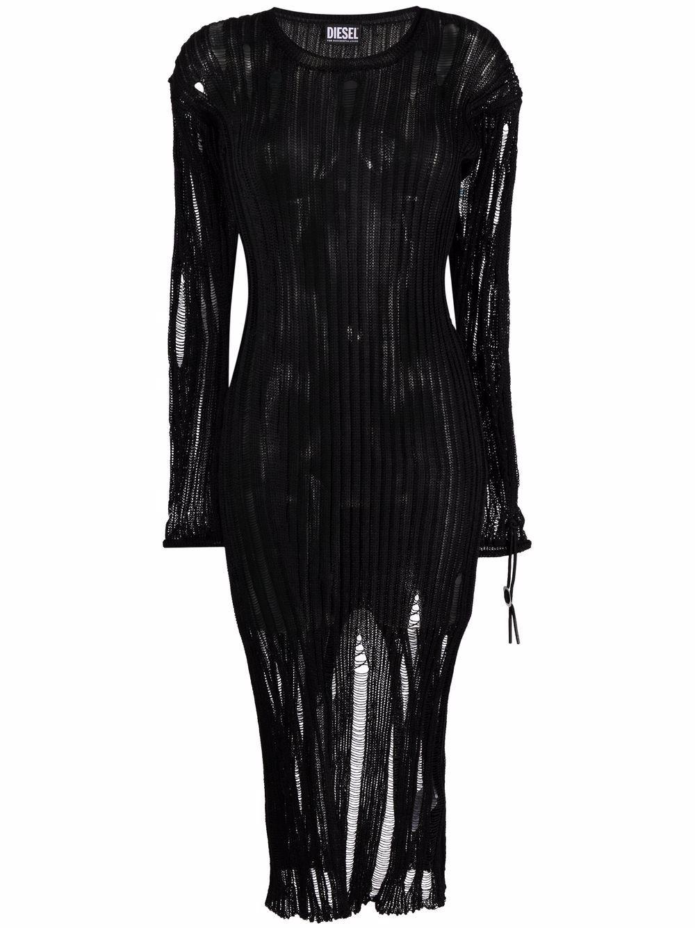 DIESEL Open-knit Destroyed Midi Dress in Black | Lyst