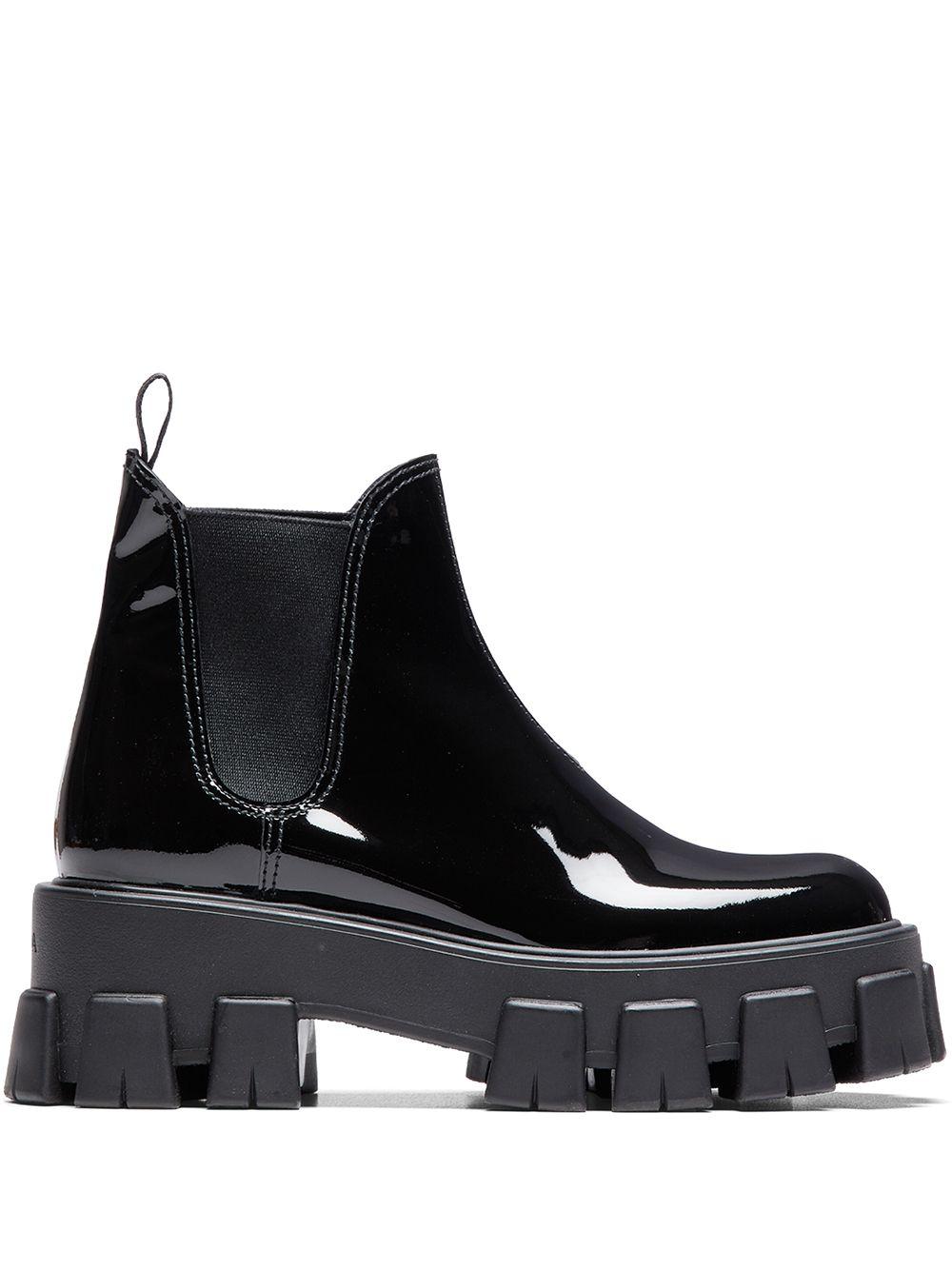 prada monolith patent leather pointed booties