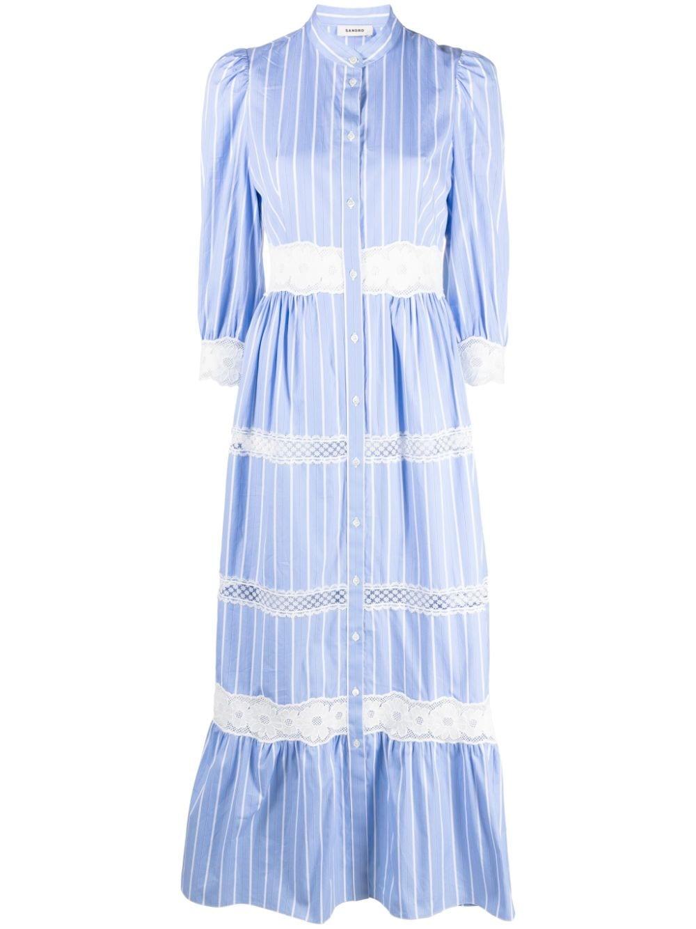 Sandro Lace-Embroidered Long-Sleeve Striped Cotton Maxi Dress in Blue | Lyst