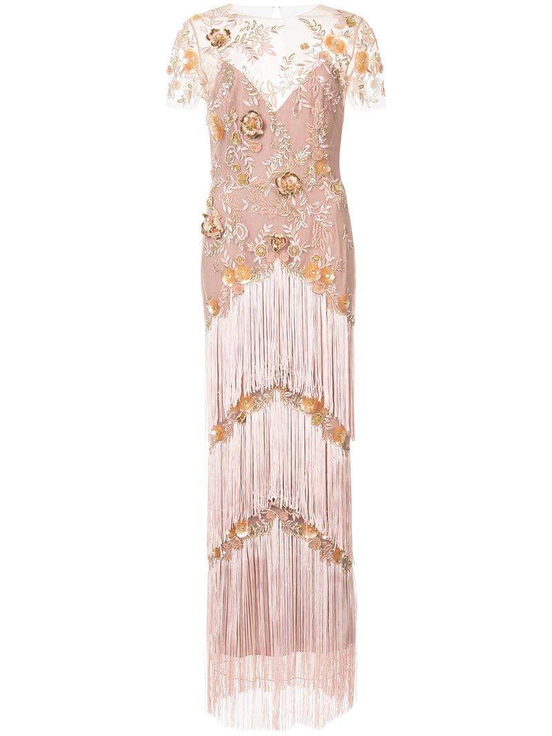 Marchesa Fringed Embroidered Maxi Dress in Pink Lyst