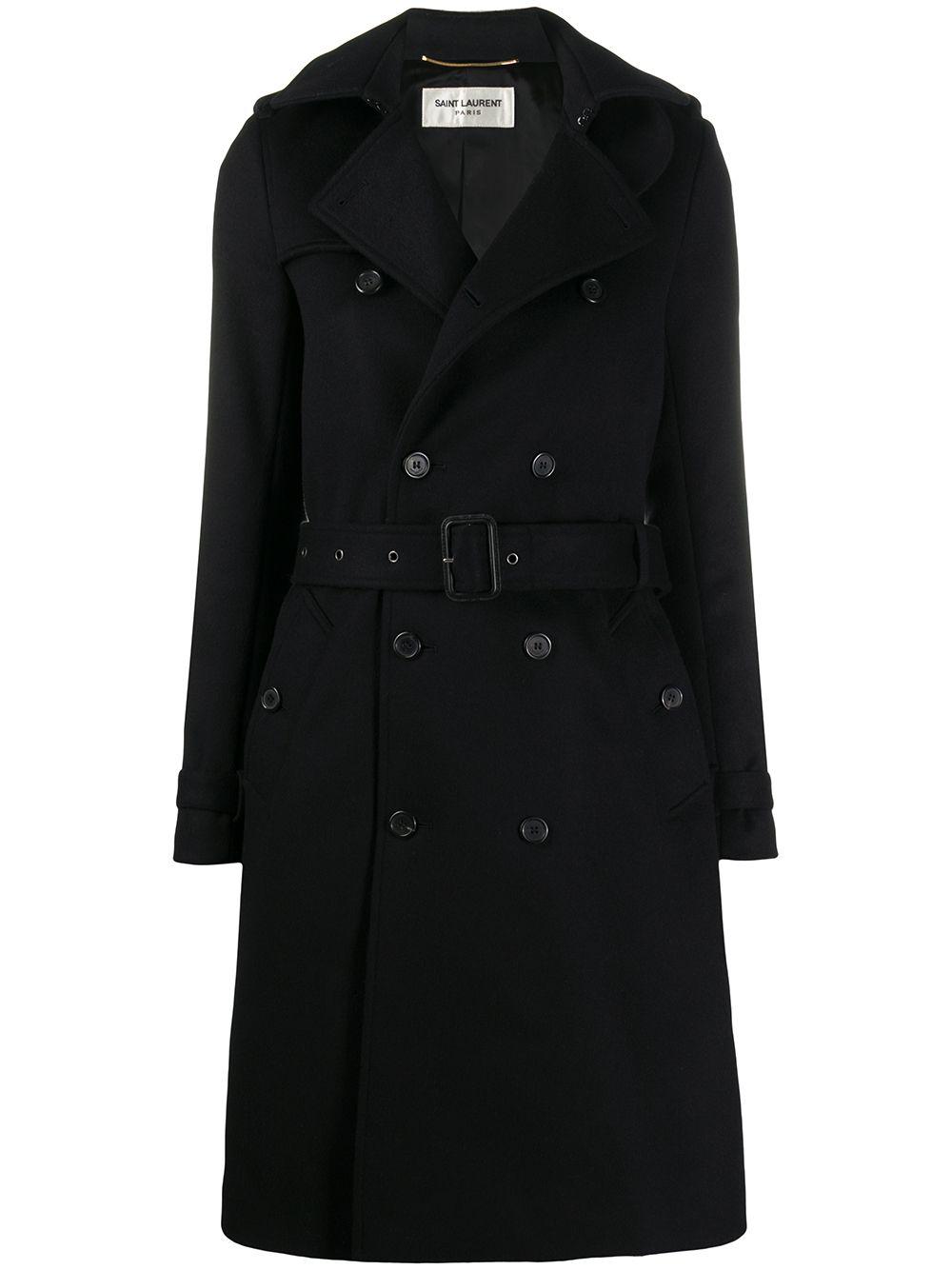 Saint Laurent Wool Double-breasted Belted Coat in Black - Lyst