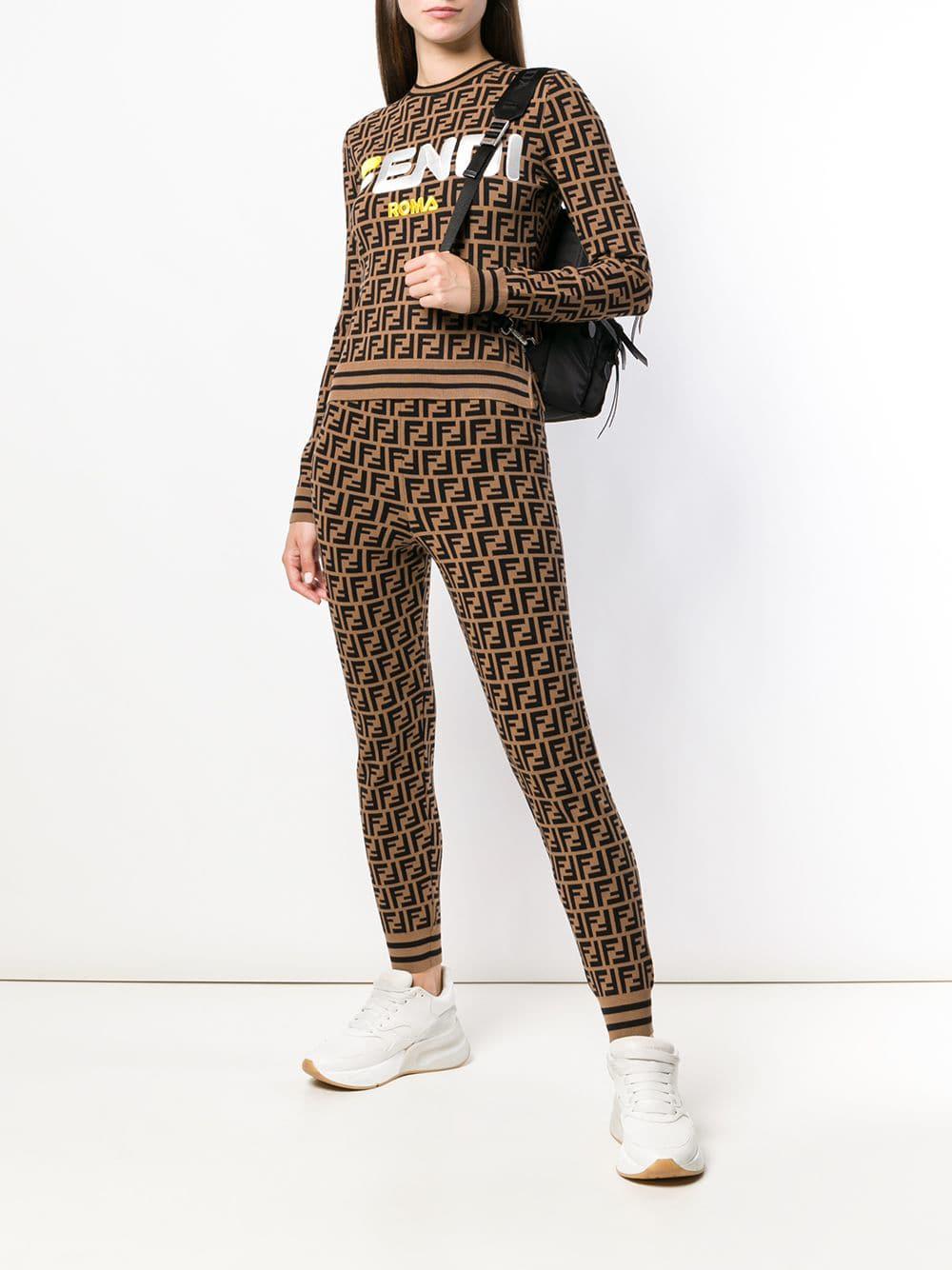 Fendi F Logo Knit Leggings in Brown