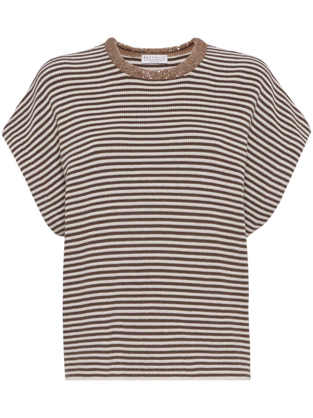 Brunello Cucinelli レディース ブラウン ストライプ Tシャツ トップス