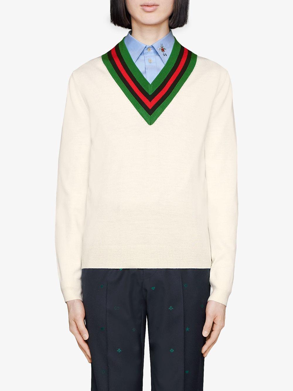 Gucci Wool Vneck Knit Jumper in White Pattern (White) for Men Save 4