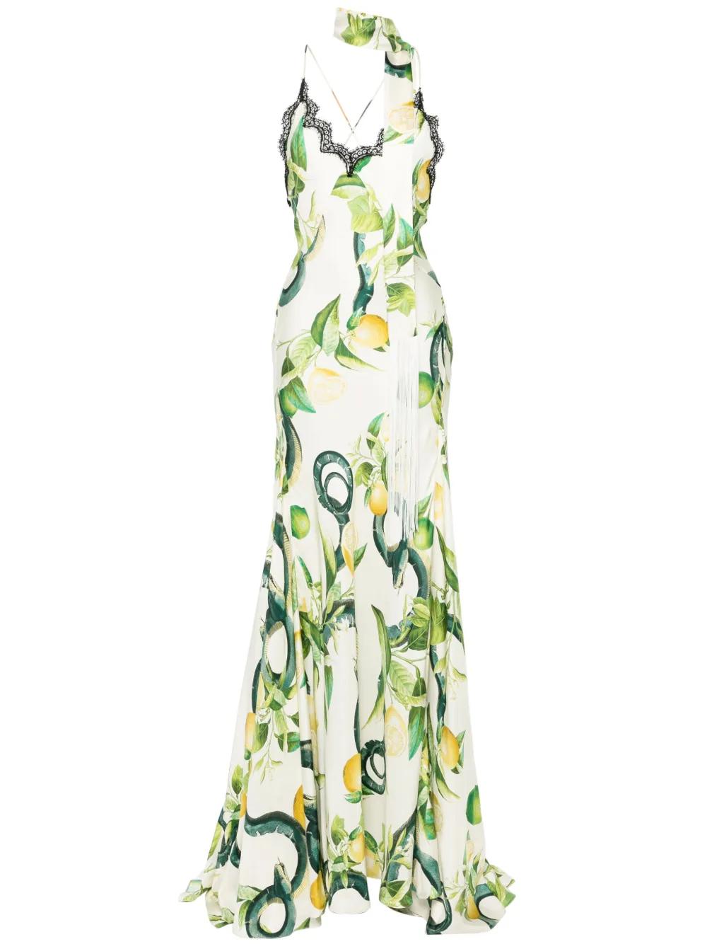 Roberto Cavalli Lemon-Print Silk Maxi Dress in Green | Lyst