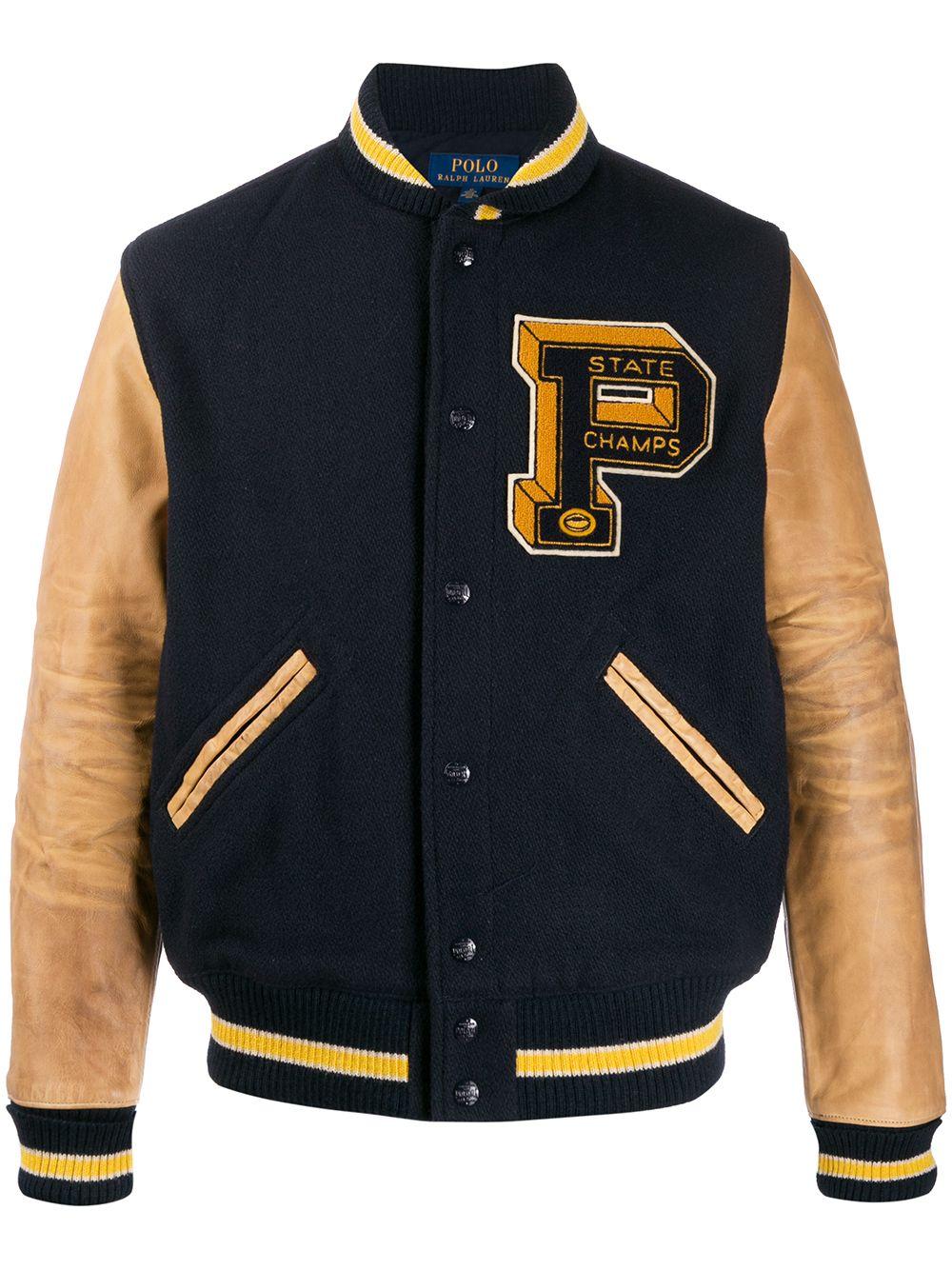 Ralph Lauren Leather Contrast Sleeve Varsity Jacket in Blue for Men Lyst