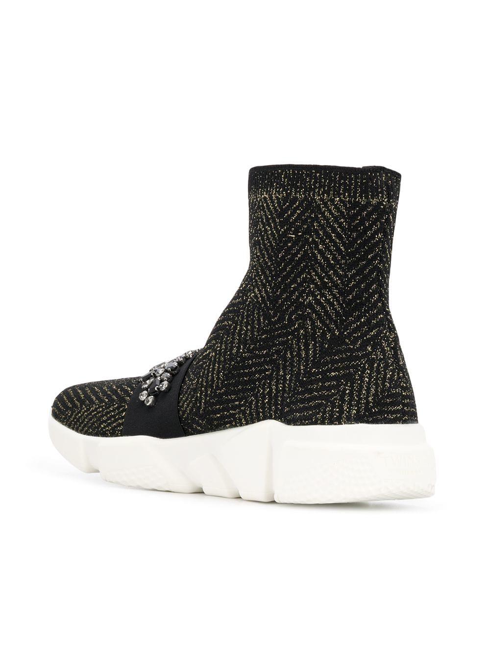 Twin Set Leather Sock Sneaker Boots in Black - Lyst