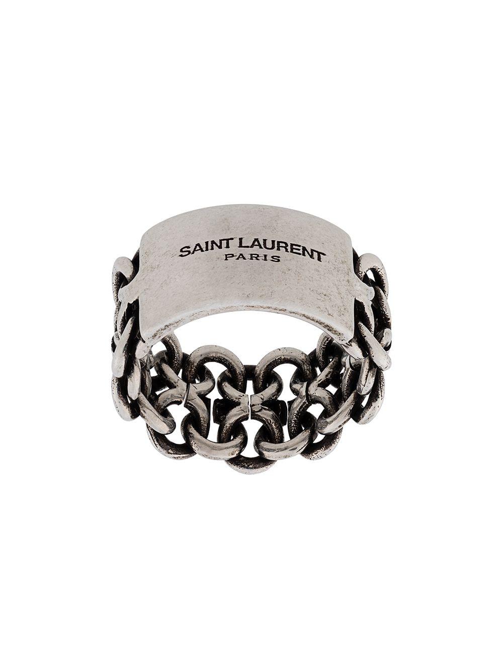 Saint Laurent Logoengraved Oxidised Silvertone Ring in Metallic for