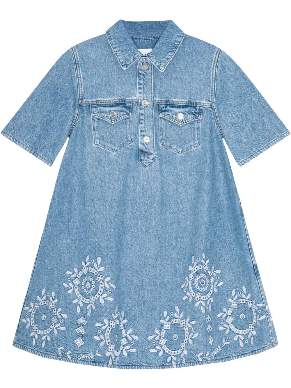 ワンピース Ganni EMBROIDERED DENIM DRESS Mid Blue Stone Crinkled Future Denim Mini Dress | GANNI