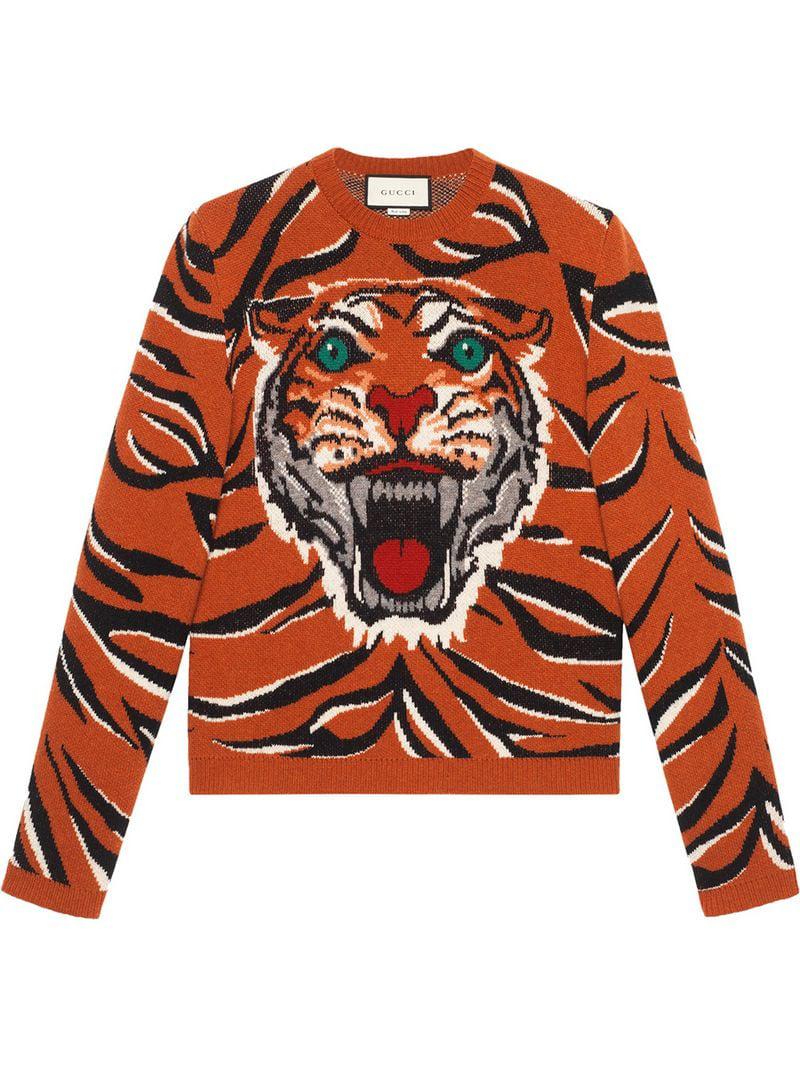 Gucci Embroidered Tiger-intarsia Wool Sweater in Orange for Men 