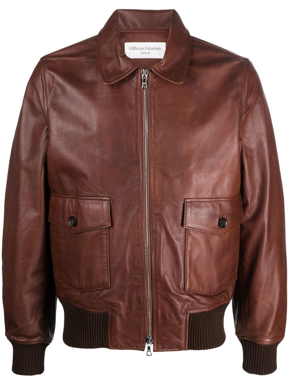 Officine Generale Leather Bomber-jacket in Brown for Men | Lyst