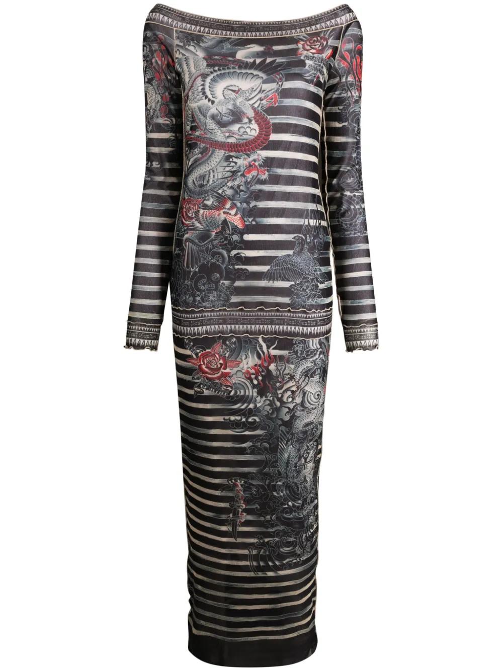 ワンピース JeanPaul GAULTIER MESH TATOO MARINIER LONG DRESS Jean Paul Gaultier Mesh Tattoo-Inspired Long Dress in