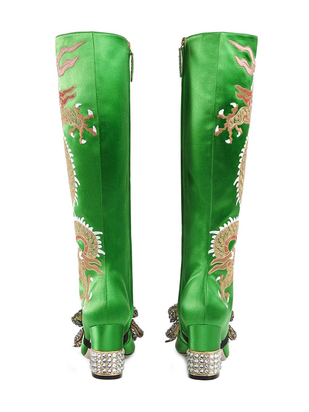 Gucci Satin Dragon Midheel Knee Boots in Green Lyst