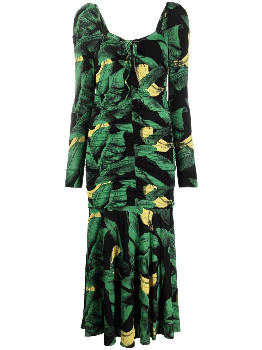 Ganni Leaf-print Ruched Midi Dress in Green | Lyst