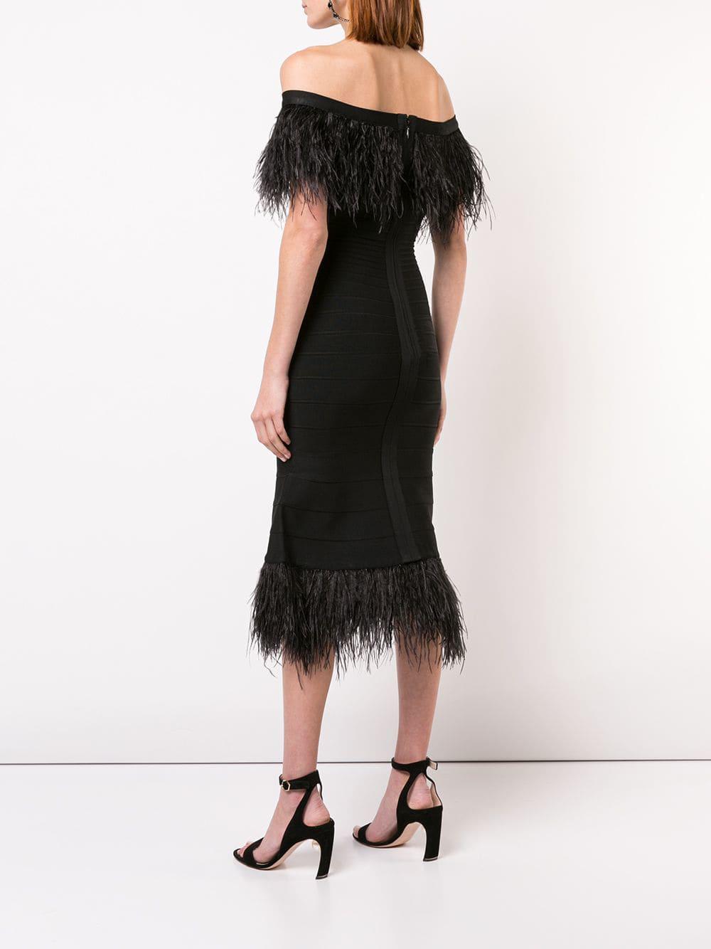 Hervé Léger Synthetic Ostrich Feather Trim Bandage Dress in Black - Lyst