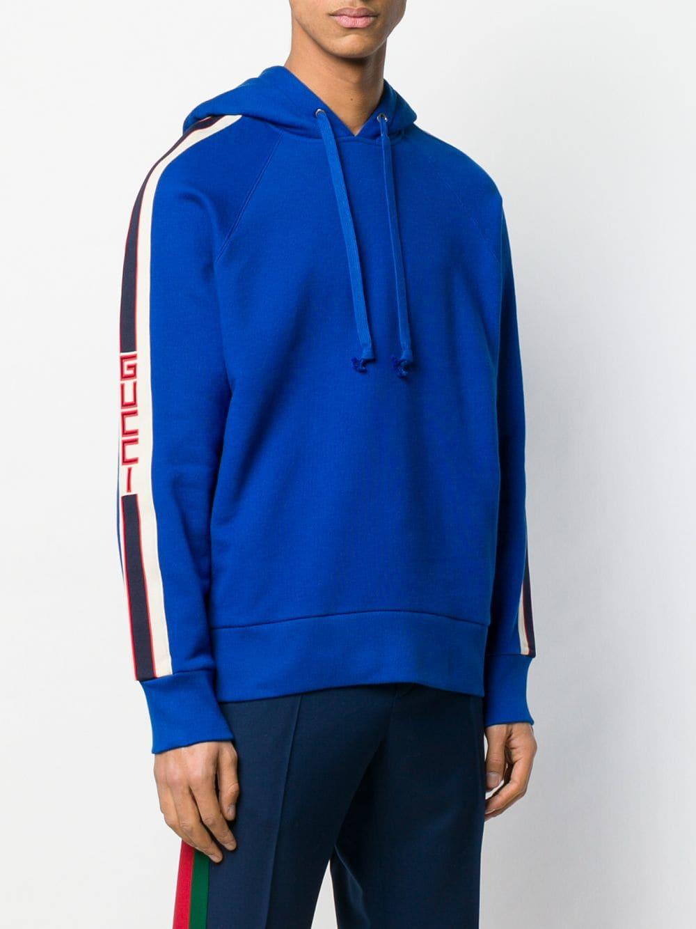 Gucci Cotton Logo Stripe Hoodie in Blue for Men - Lyst