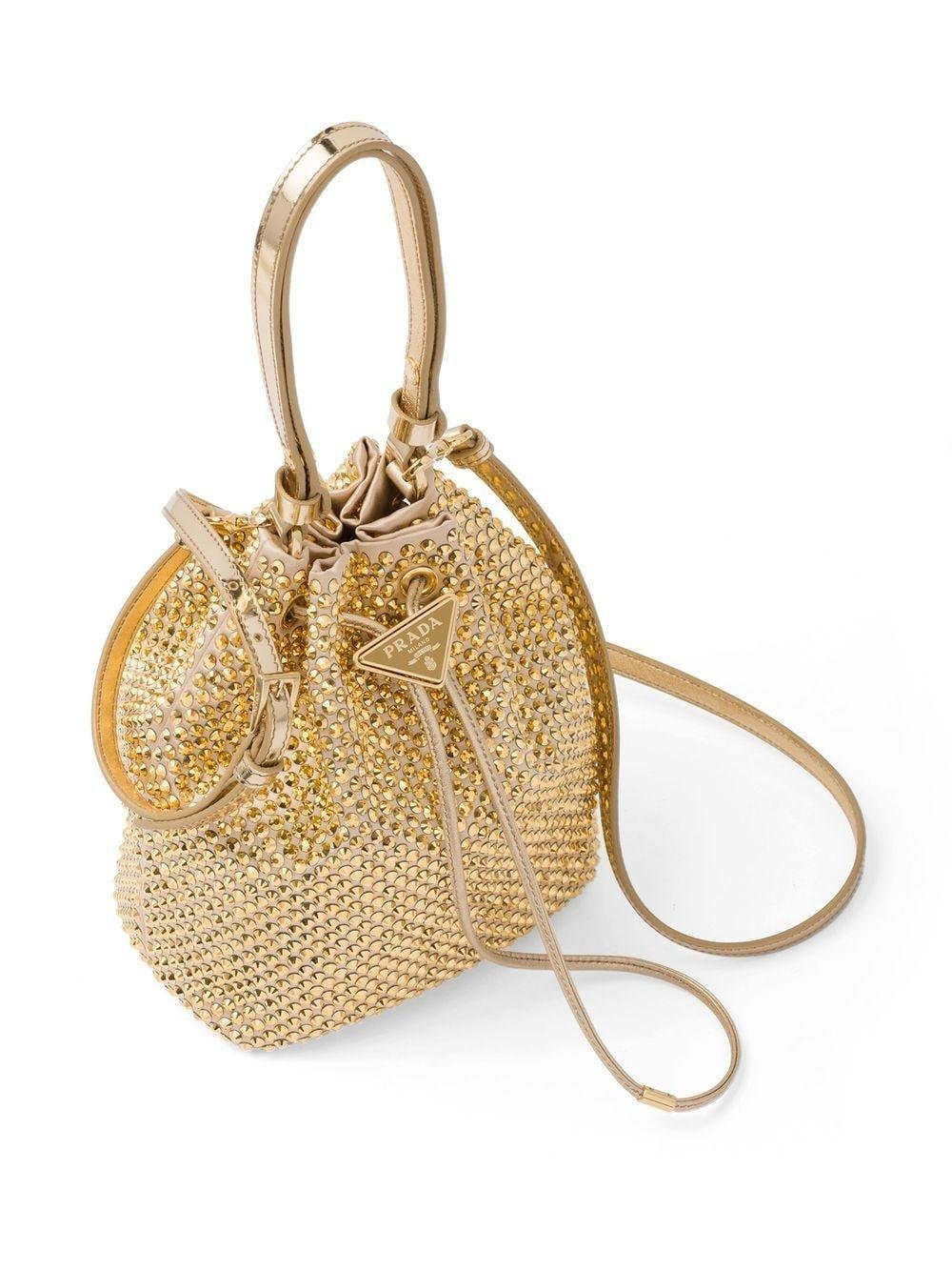 Prada Gold Tone Crystal Embellished Bucket Bag in Natural