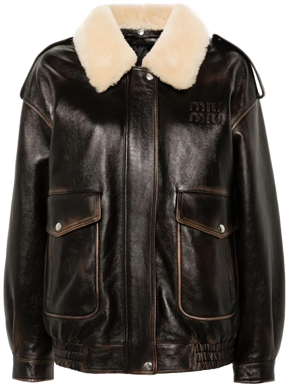 Miu Miu Logo-Lettering Leather Jacket in Black | Lyst UK