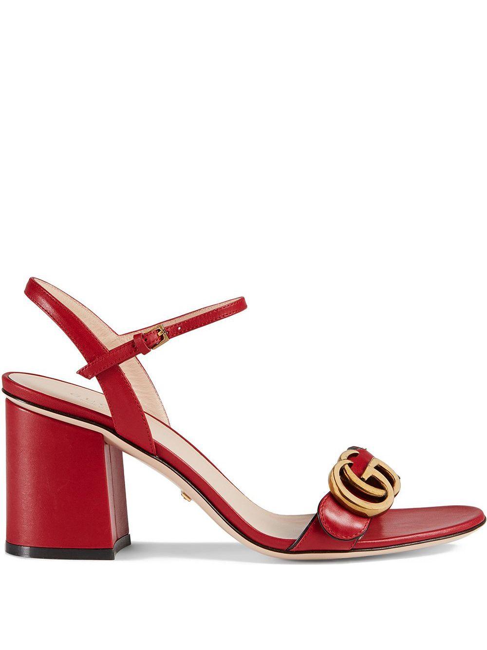 Red Leather Double G Heeled Sandals 
