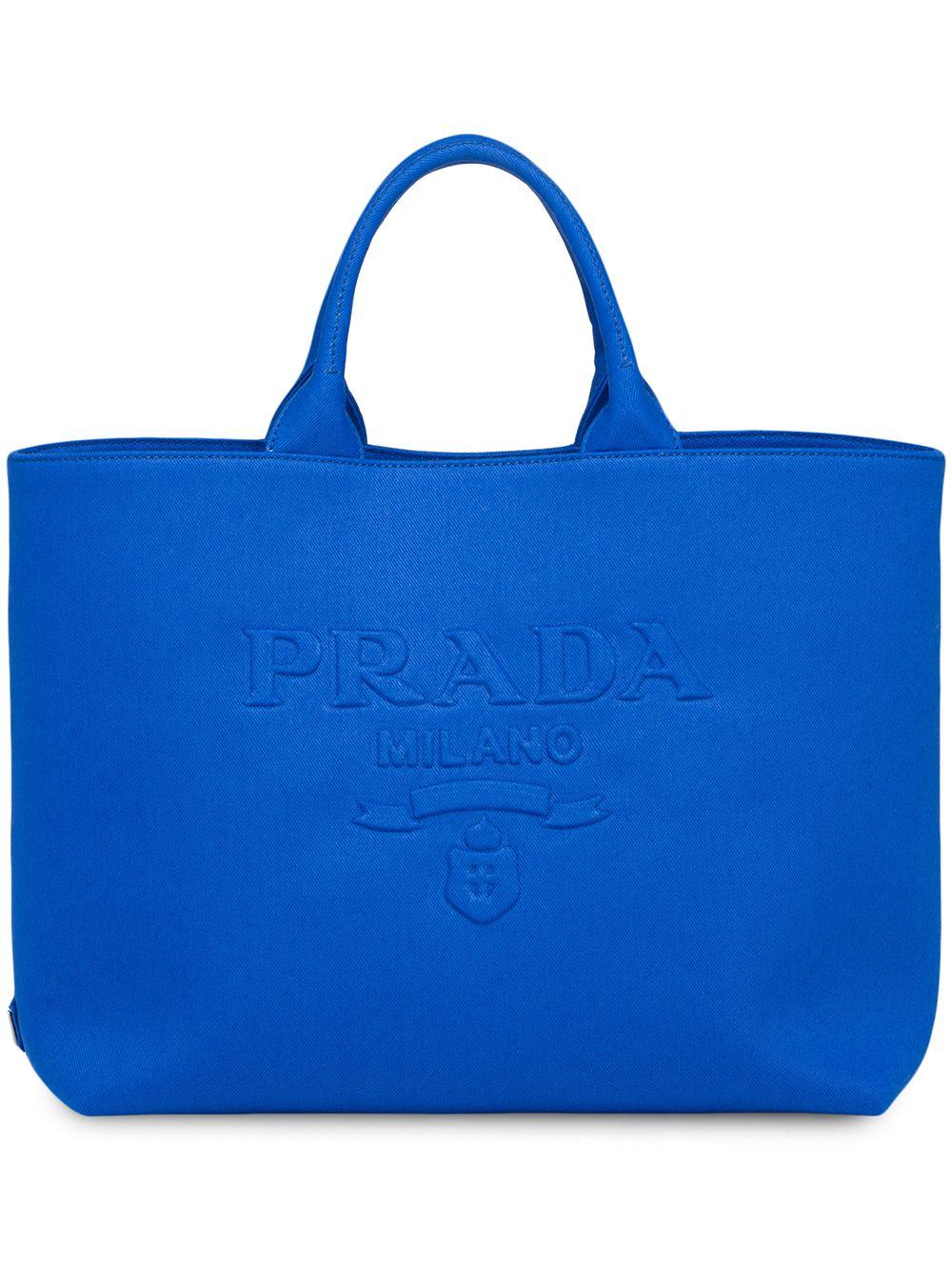 Prada Logo Embossed Small Tote Bag in Blue