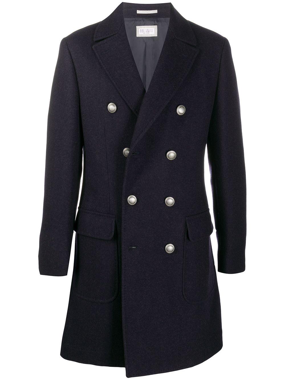 Brunello Cucinelli Wool Double Breasted Coat in Blue for Men - Lyst