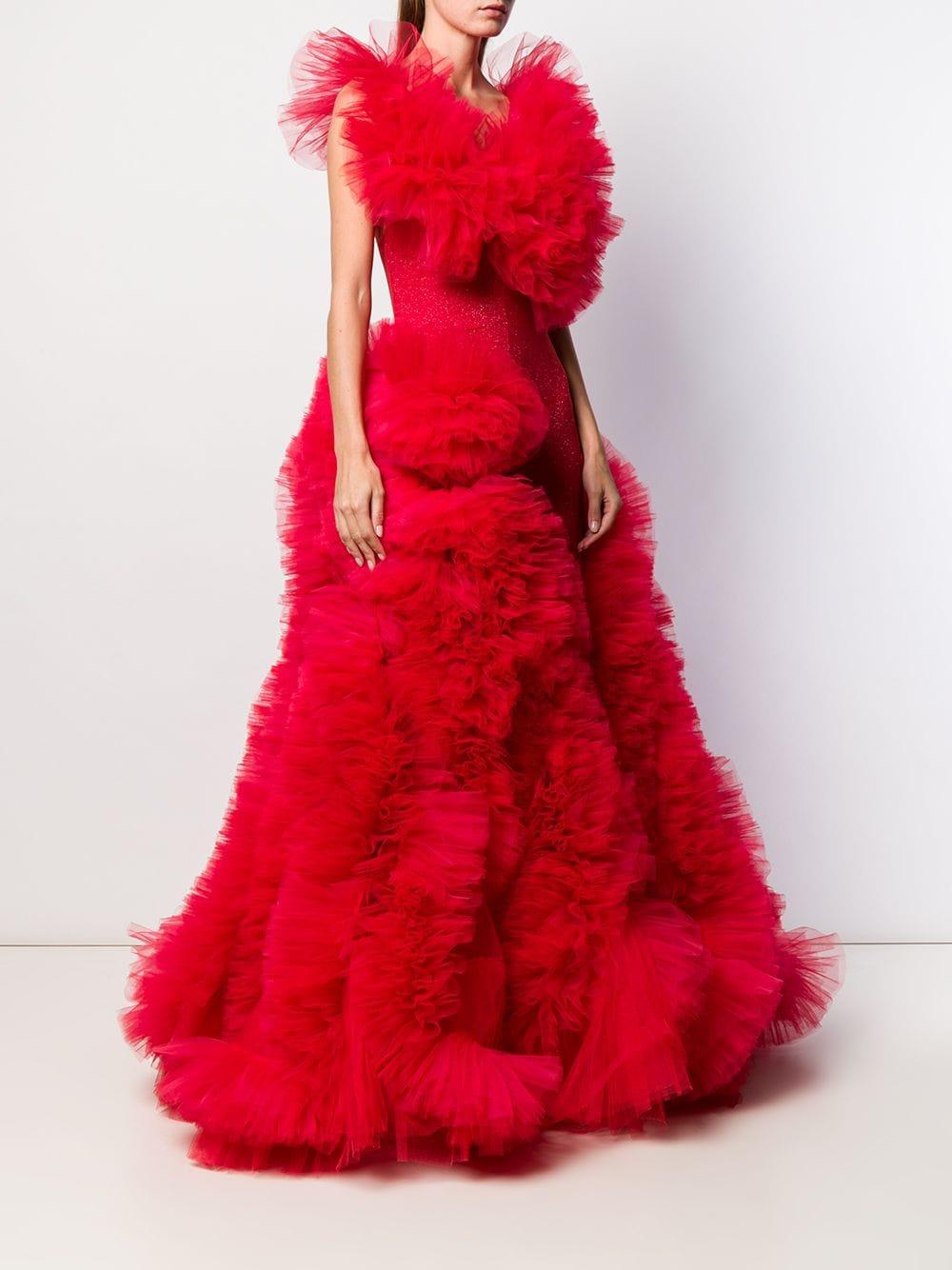 Loulou Cloud Tulle Evening Gown in Red 