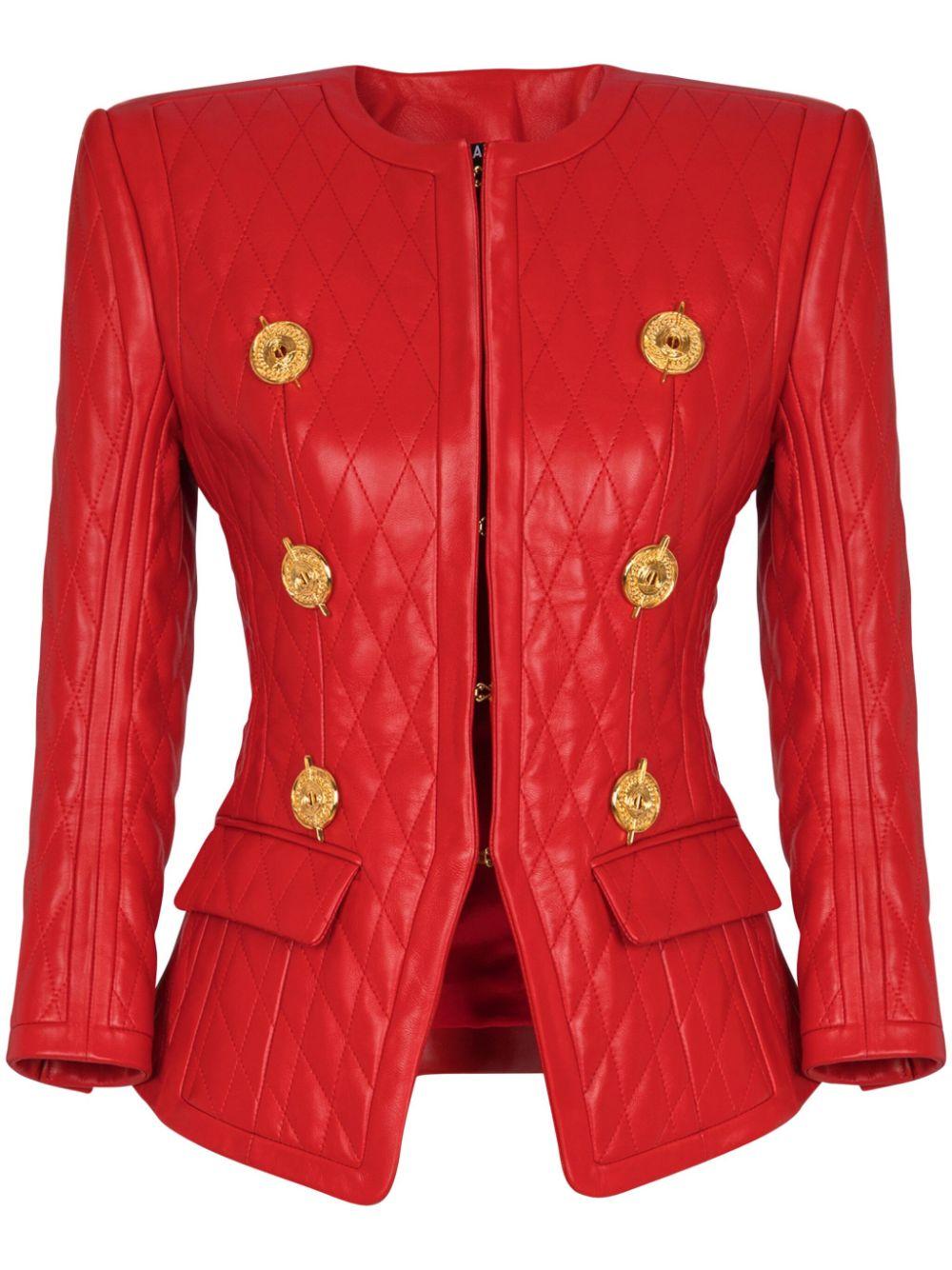 Balmain レディース レッド キルティング レザージャケット ジャケット