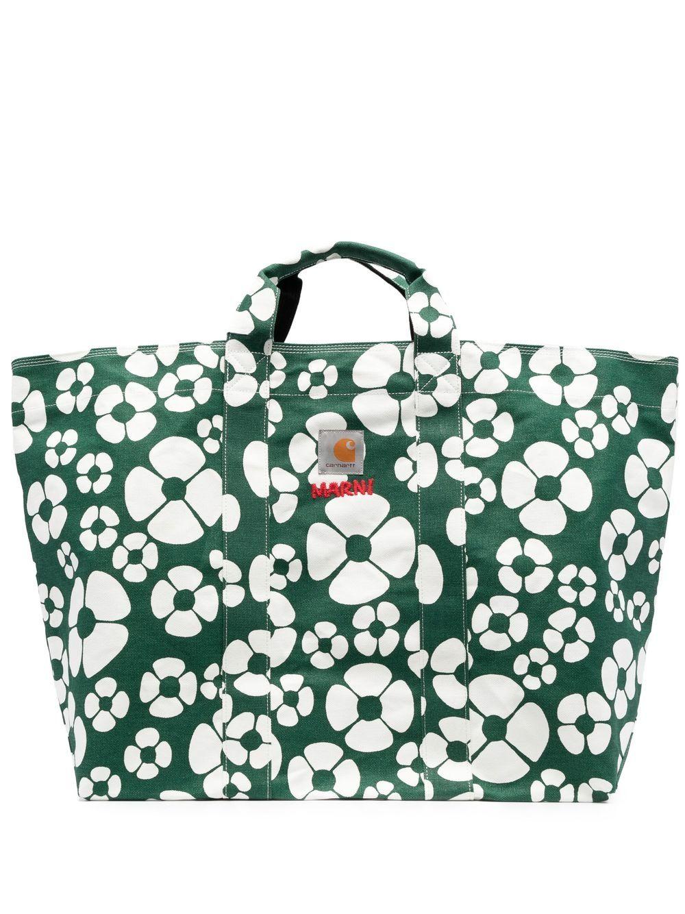 MARNI MARKET BORA medium bag in green flower motif