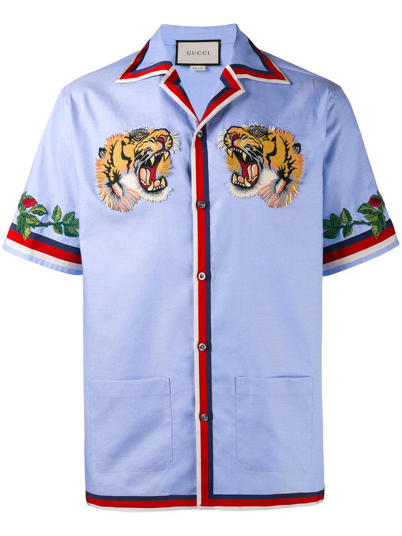Gucci Tiger Embroidered Bowling Shirt in Blue for Men | Lyst