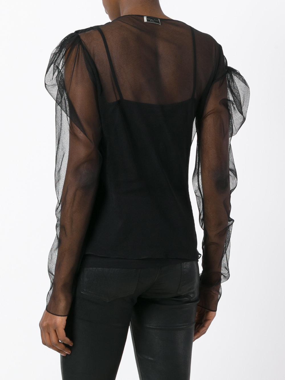 black sheer puff sleeve top