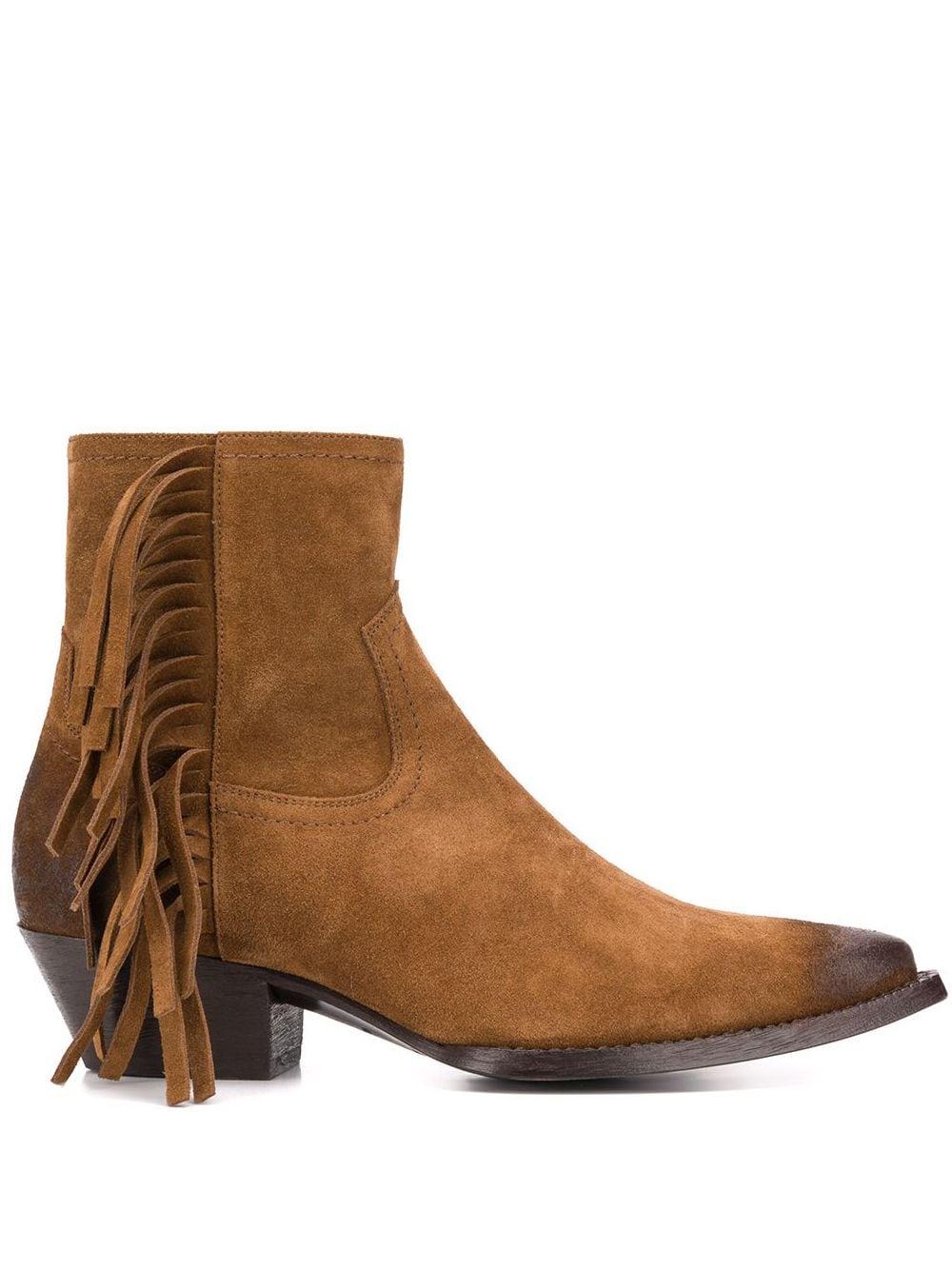 Saint Laurent Lukas 40 Fringe Suede Bootie in Brown | Lyst