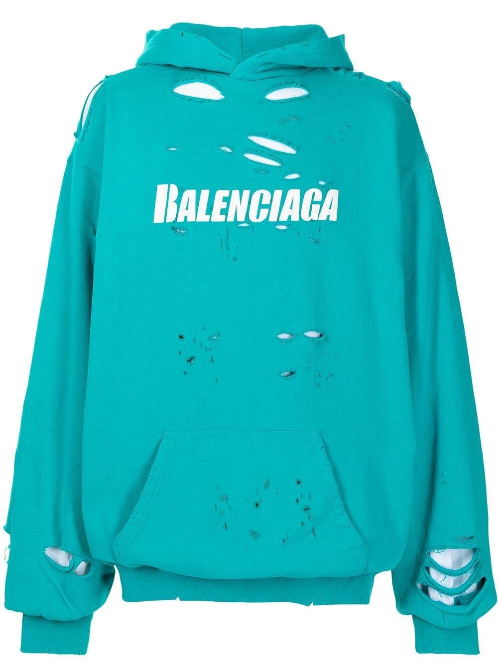 Balenciaga Ripped Oversize Logo Hoodie in Blue | Lyst